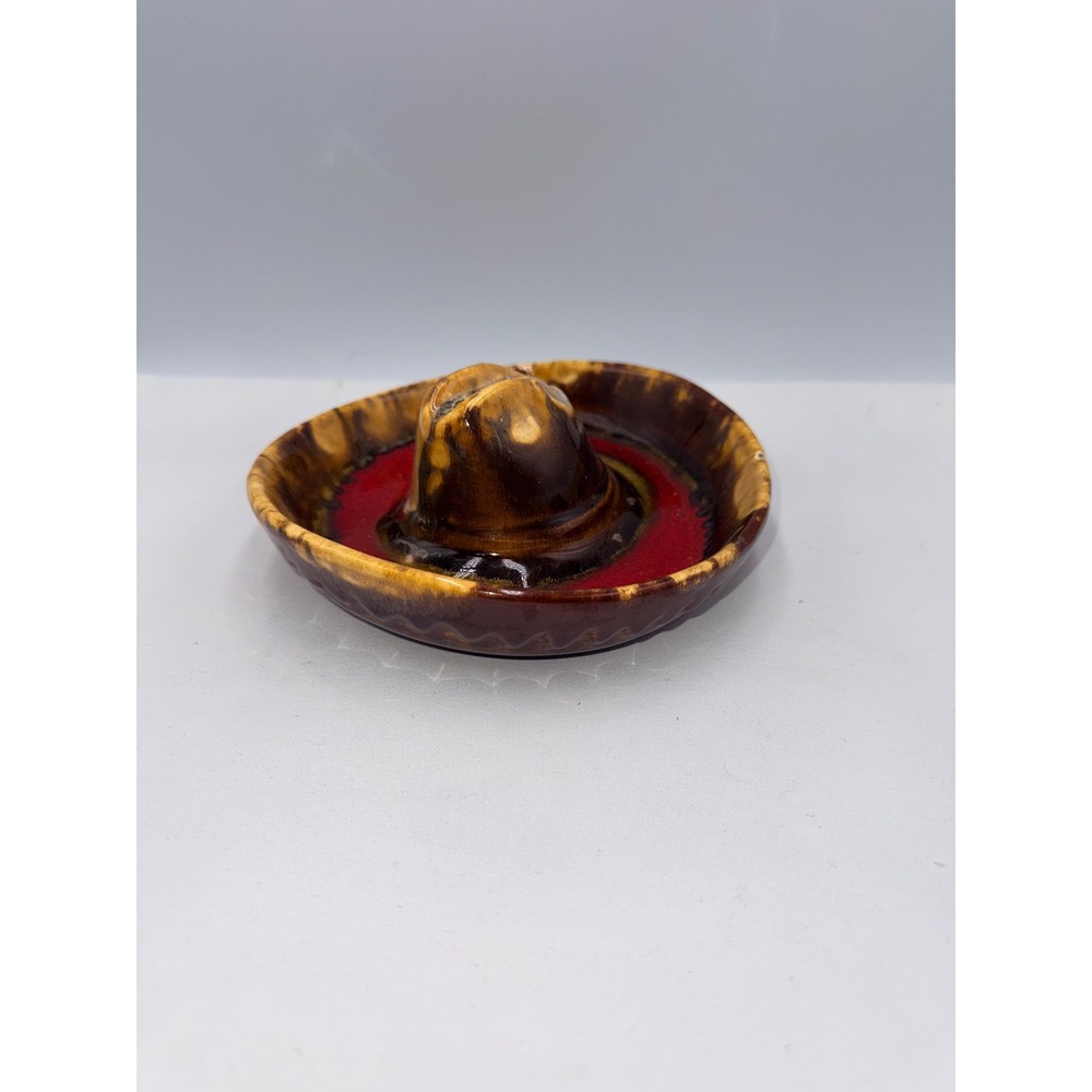 Vintage Sombrero Ceramic Ashtray Trinket Dish Brown Red Drip Glaze Decor